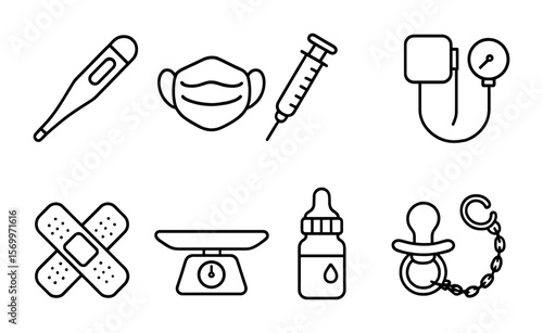 Pediatric Medical Icons. Outline vector icons of pediatric medical supplies: baby thermometer, child mask,