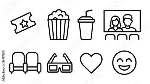 Movie Date Icons. Outline vector icons of a couple having a fun date night at a movie theater: movie ticket,