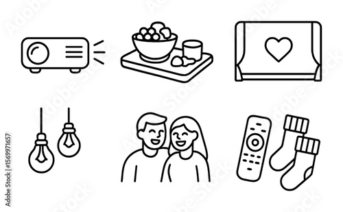 Cozy Indoor Date Night. Outline vector icons of cozy indoor date night: home projector, snack tray, shared