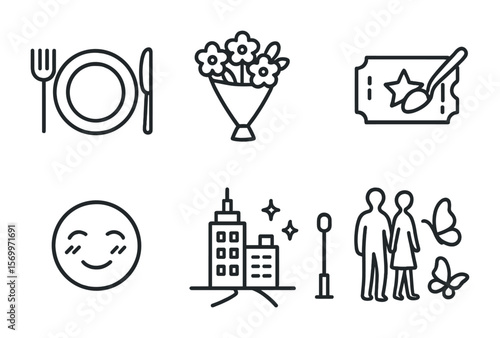 First Date Icons. Outline vector icons of first date night ideas: dinner plate, bouquet icon, movie ticket,
