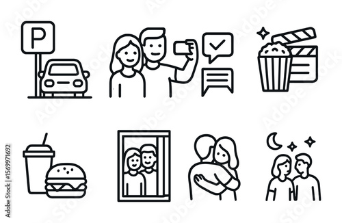 Movie Date Icons. Outline vector icons of pre- and post-movie date fun: parking spot, selfie station, movie