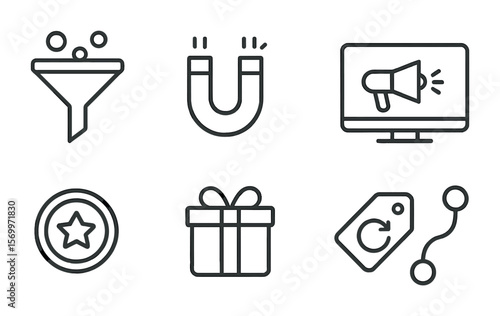 Customer Strategy Icons. Outline vector icons of customer acquisition strategies: funnel icon, lead magnet,