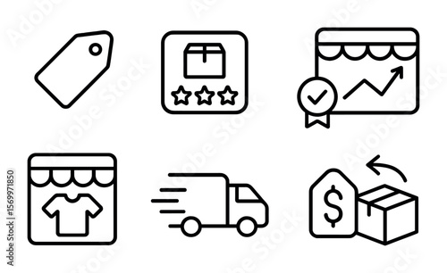 E-commerce Icons. Outline vector icons of online marketplace competition: e-commerce tag, product rating,