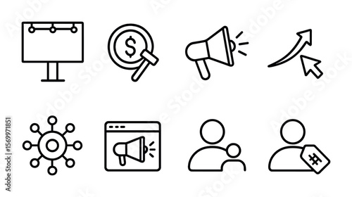 Advertising Icon Set. Outline vector icons of advertising battle: billboard icon, ad bid, media coverage,