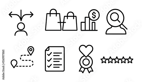 Consumer Behavior Icons. Outline vector icons of consumer choice and behavior: decision icon, product compare,