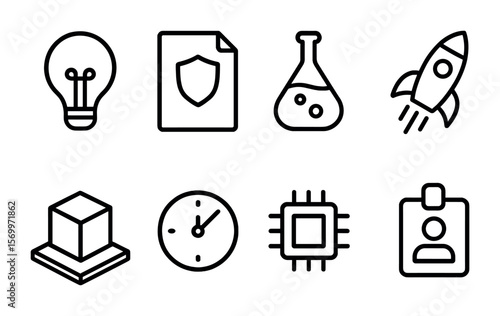 Innovation Race Icons. Outline vector icons of innovation race: idea lightbulb, patent file, R\&D flask,