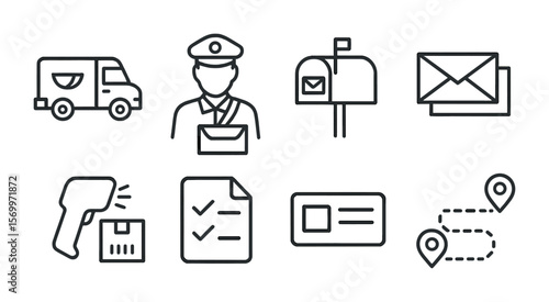 Postal Icon Set. Outline vector icons of postal delivery process: mail truck, postman icon, mailbox, letter
