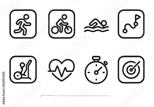 Fitness Mode Icons. Outline vector icons of smartwatch fitness modes: running mode, cycling mode, swimming