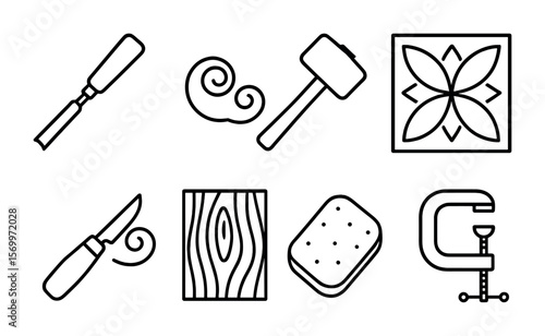 Wood Carving Icons. Outline vector icons of wood carving techniques: gouge blade, wood shavings, mallet icon,