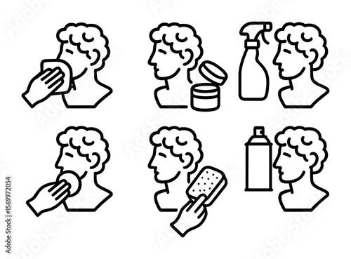 Sculpture Finishing Icons. Outline vector icons of sculpture finishing techniques: polish cloth, wax coat,