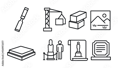 Sculpture Icons Set. Outline vector icons of outdoor sculpture and monuments: large chisel, crane lift,