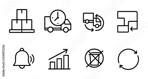 Just-In-Time Icons. Outline vector icons of just-in-time delivery systems: minimal inventory, delivery clock,