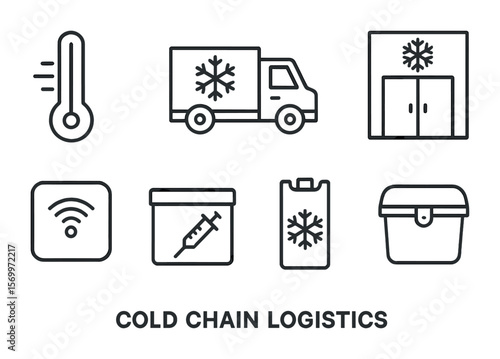 Cold Chain Icons. Outline vector icons of cold chain logistics: temperature icon, refrigerated truck, cold