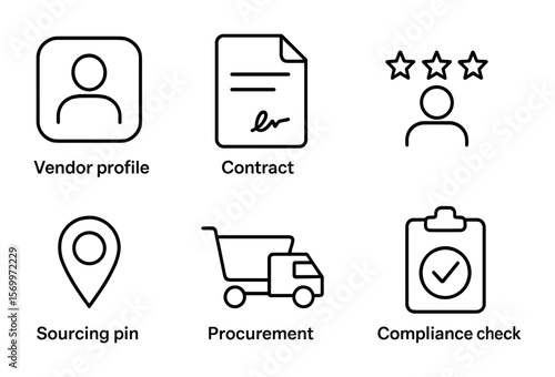 Supplier Management Icons. Outline vector icons of supplier management: vendor profile, contract file,
