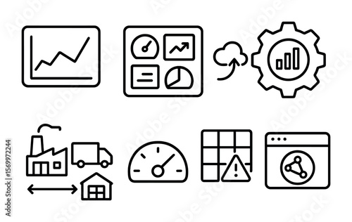 Supply Chain Analytics Icons. Outline vector icons of supply chain analytics: trend chart, KPI board, forecast