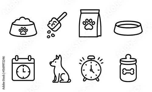 Pet Feeding Icons. Outline vector icons of feeding pets in the morning: food bowl, measuring scoop, kibble bag
