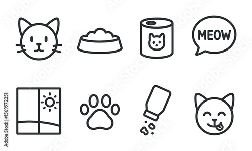 Cat Feeding Icons. Outline vector icons of cat feeding routine: cat icon, food dish, canned food, meow bubble,