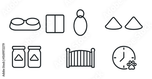 Multi-Pet Feeding Icons. Outline vector icons of multi-pet feeding setups: dual bowls, divider icon, name tag,