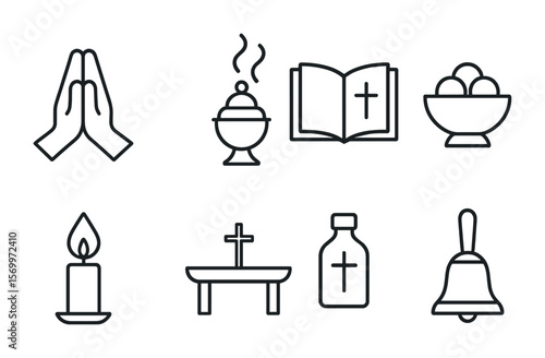Religious Ritual Icons. Outline vector icons of religious rituals: prayer hands, incense burner, sacred text,
