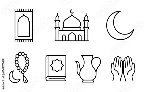 Islamic Rituals Icons. Outline vector icons of Islamic rituals: prayer mat, mosque icon, tasbih beads,
