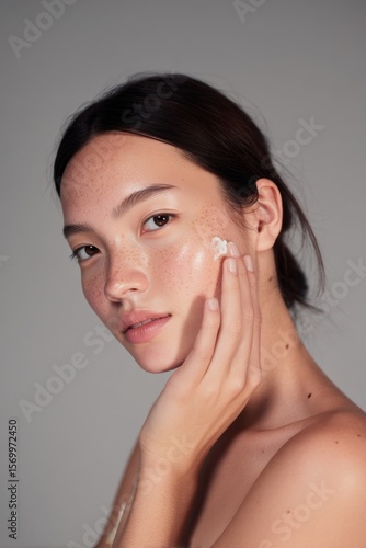Hermosa mujer, asiática, aplicándose, crema hidratante en el rostro, concepto de modelo y belleza.