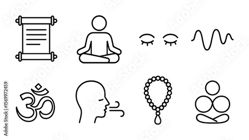 Meditation Icon Set. Outline vector icons of meditation and chanting: mantra scroll, seated figure, closed