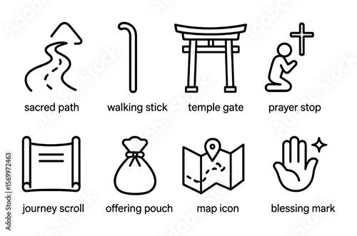 Pilgrimage Journey Icons. Outline vector icons of pilgrimage journeys: sacred path, walking stick, temple gate