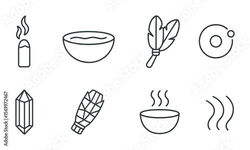Spiritual Cleansing Icons. Outline vector icons of spiritual cleansing rituals: smoke stick, water basin,