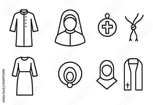 Religious Attire Icons. Outline vector icons of religious attire and symbols: clerical robe, head covering,