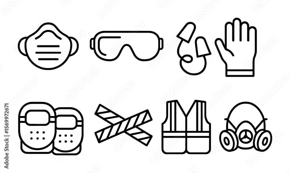 Fototapeta premium Drywall Safety Icons. Outline vector icons of safety practices in drywall work: dust mask, eye goggles, ear