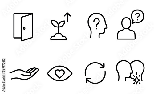 Networking Icons Collection. Outline vector icons of networking mindset and habits: open door, growth mindset,