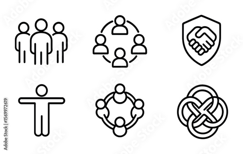 Community Icons Set. Outline vector icons of community and belonging: community icon, people circle, shared
