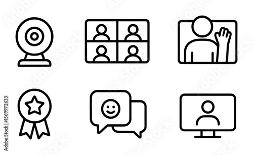 Virtual Networking Icons. Outline vector icons of virtual networking success: webcam icon, breakout group,