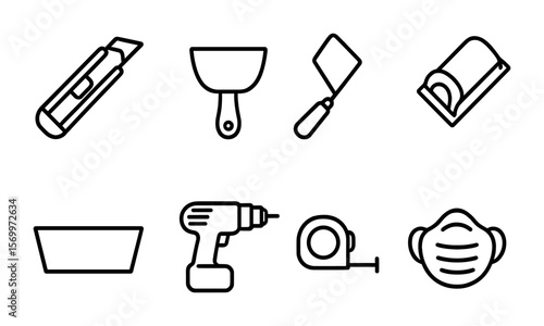 Drywall Tools Icons. Outline vector icons of drywall installation tools: utility knife, taping knife, corner