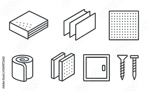 Building Material Icons. Outline vector icons of commercial building materials: concrete board, drywall sheets
