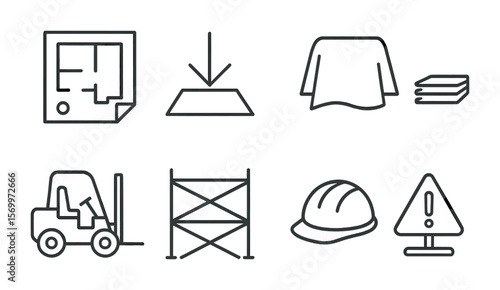 Construction Icon Set. Outline vector icons of construction site setup: site plan, material drop zone,