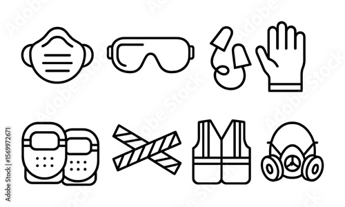 Drywall Safety Icons. Outline vector icons of safety practices in drywall work: dust mask, eye goggles, ear