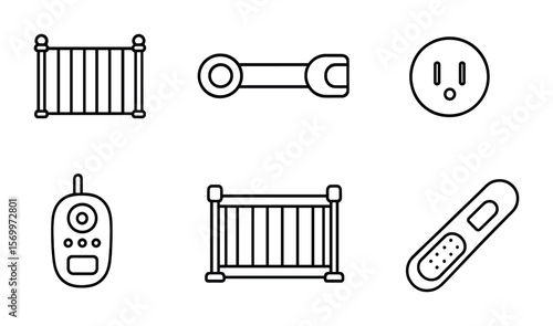 Childproofing Icons Set. Outline vector icons of childproofing and home safety: safety gate, cabinet lock,