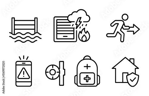 Natural Disaster Readiness Icons. Outline vector icons of natural disaster readiness: flood barrier, storm