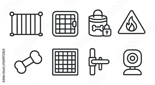 Pet Safety Icons. Outline vector icons of pet safety in the home: pet gate, safe crate, food lock, hazard
