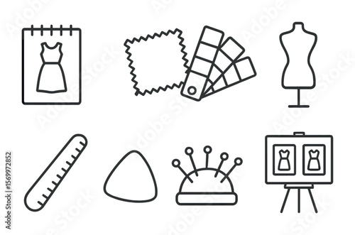 Fashion Design Icons. Outline vector icons of custom clothing design: sketchpad, fabric swatch, color palette,