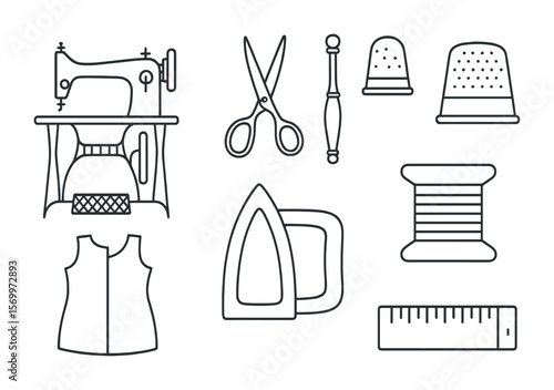 Vintage Sewing Icons. Outline vector icons of vintage sewing tools: pedal sewing machine, antique scissors,
