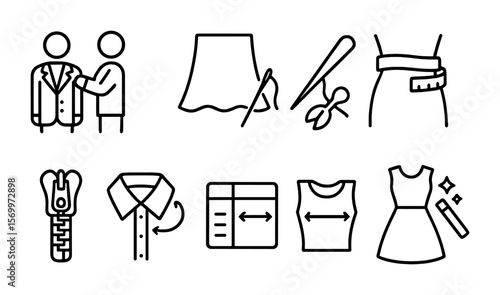 Tailoring Service Icons. Outline vector icons of fashion tailoring services: suit fitting, hemline icon,