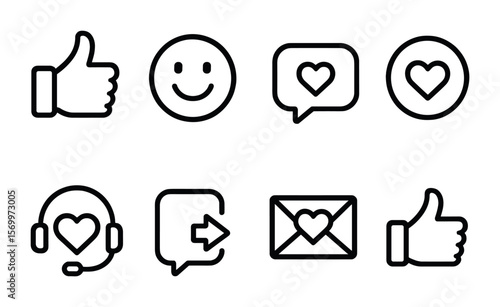 Positive Communication Icons. Outline vector icons of positive digital communication: like button, friendly