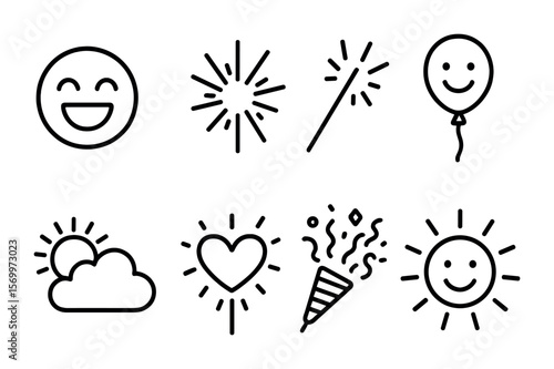 Joyful Line Icons. Outline vector icons of happiness and joy symbols: laughing face, burst of joy, sparkler