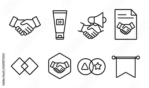 Sponsorship Icons Set. Outline vector icons of sponsorships and collaborations with other brands: handshake