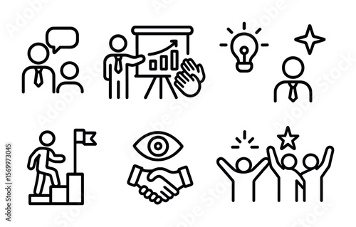 Supportive Leadership Icons. Outline vector icons of supportive leadership messages: mentor speech, clap chart