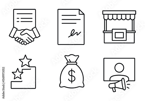 Corporate Sponsorship Icons. Outline vector icons of corporate sponsorship deals: business contract, signed
