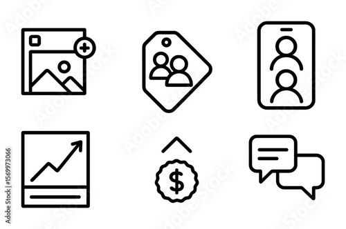 Social Media Icons. Outline vector icons of social media collaboration: joint post, double profile tag, story