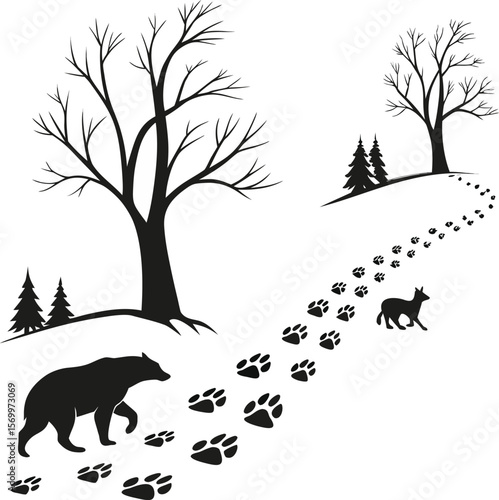 "Seasonal Tree Silhouette Vector – Nature Illustration with Branches, Leaves, Snow & Forest Elements"

